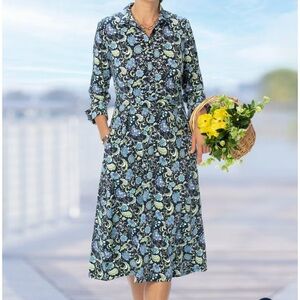 Appleseed’s Navy Jacobean Floral Knit Preppy Shirt Dress